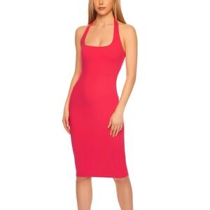 NWT SUSANA MONACO XL Tie Halter Midi Dress Watermelon Pink Red Bodycon Cocktail